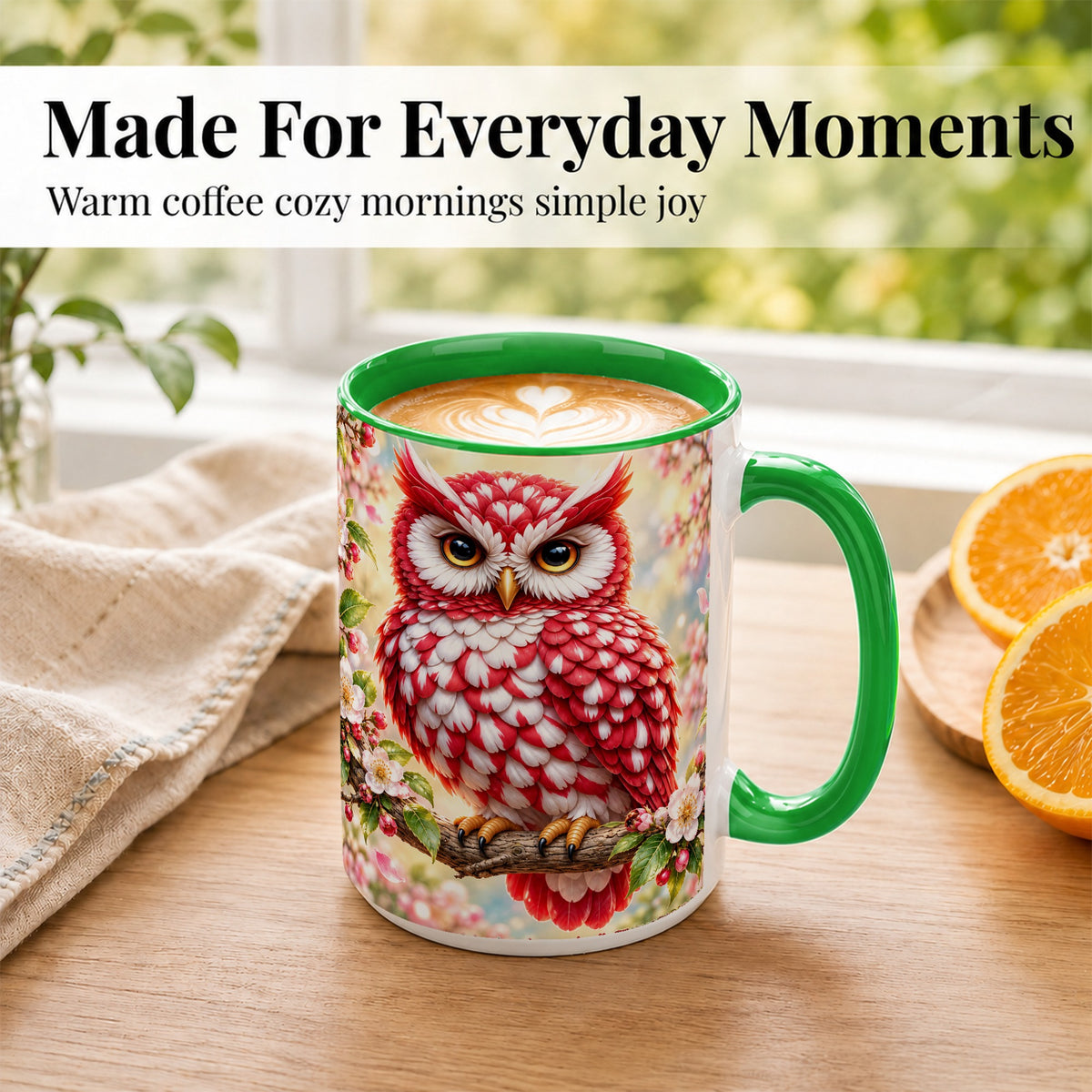 #pl[15oz|Green] Floral Owl Coffee Mug, Red Blossom Owl Mug, Ceramic Cup