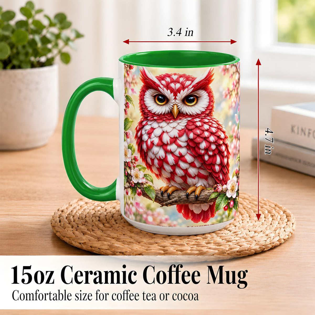 #pl[15oz|Green] Floral Owl Coffee Mug, Red Blossom Owl Mug, Ceramic Cup