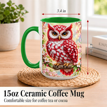 #pl[15oz|Green] Floral Owl Coffee Mug, Red Blossom Owl Mug, Ceramic Cup