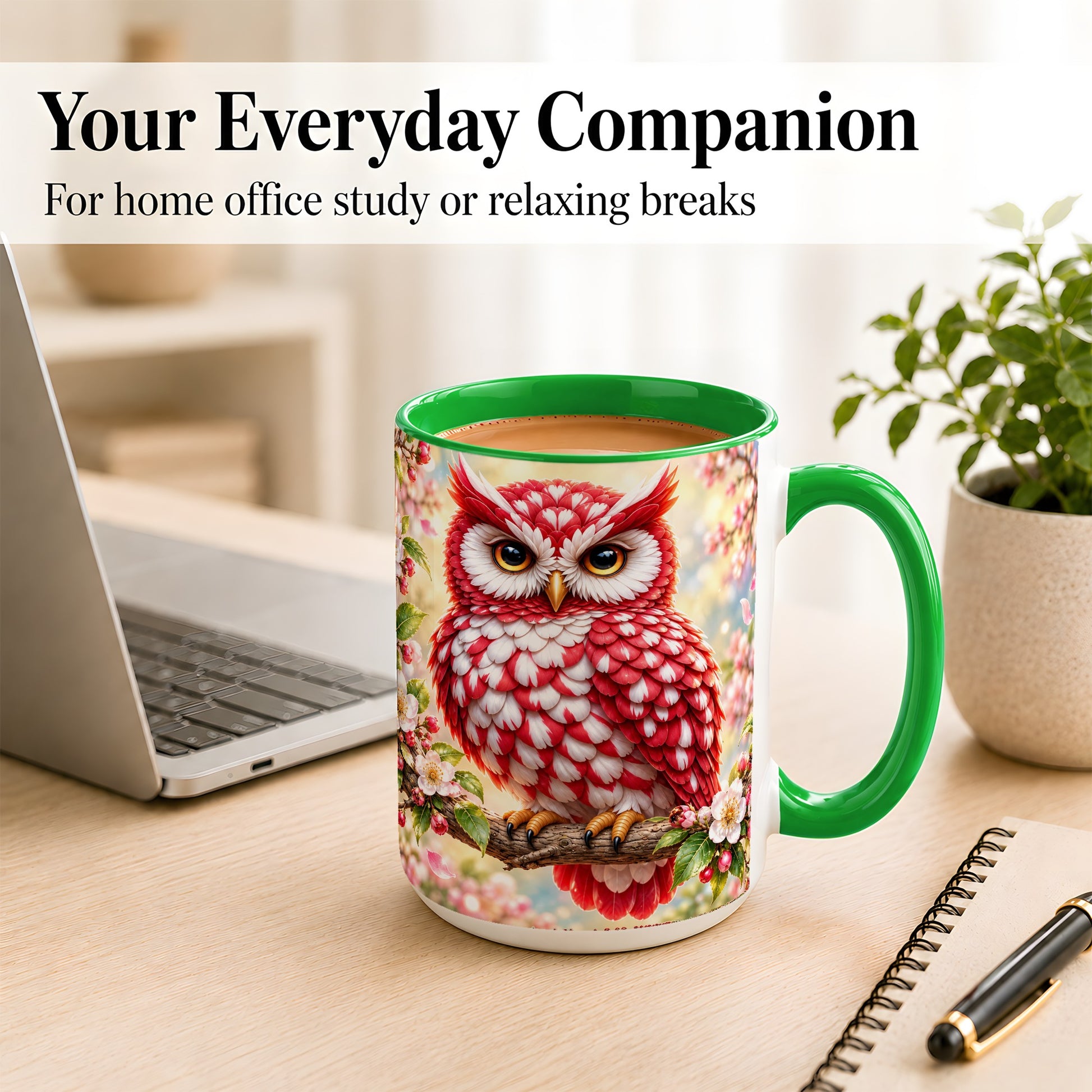 #pl[15oz|Green] Floral Owl Coffee Mug, Red Blossom Owl Mug, Ceramic Cup