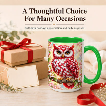 #pl[15oz|Green] Floral Owl Coffee Mug, Red Blossom Owl Mug, Ceramic Cup