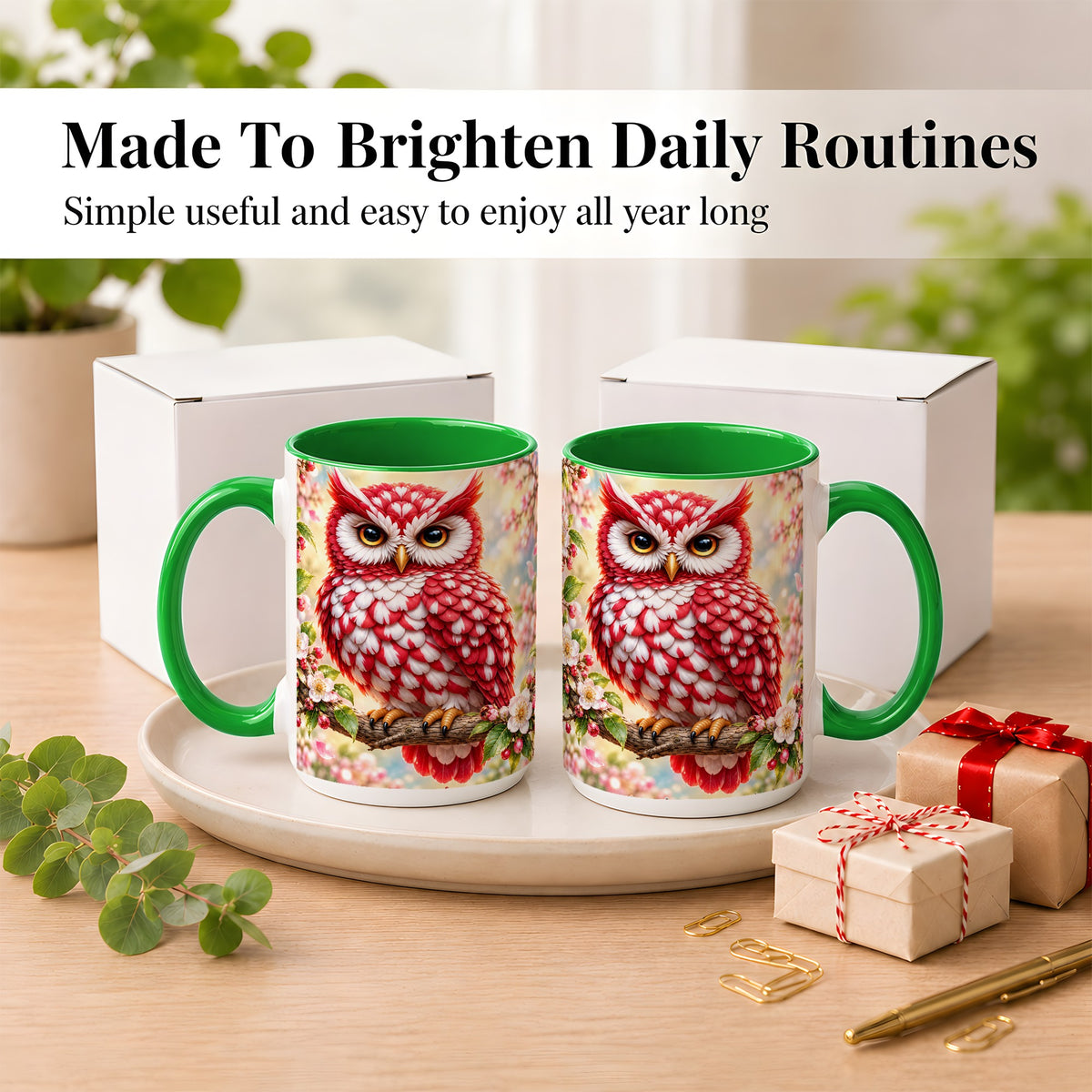 #pl[15oz|Green] Floral Owl Coffee Mug, Red Blossom Owl Mug, Ceramic Cup