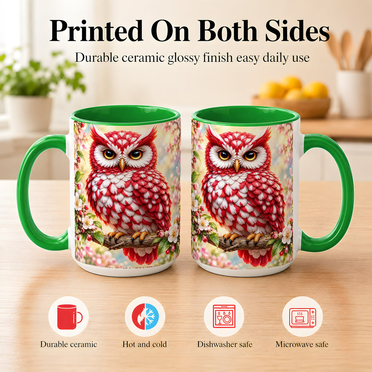 #pl[15oz|Green] Floral Owl Coffee Mug, Red Blossom Owl Mug, Ceramic Cup