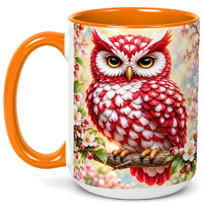 #pl[15oz|Orange] Floral Owl Coffee Mug, Red Blossom Owl Mug, Ceramic Cup