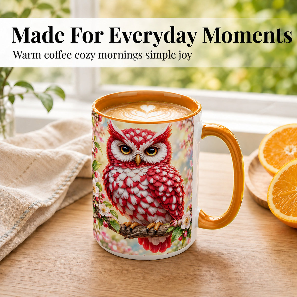 #pl[15oz|Orange] Floral Owl Coffee Mug, Red Blossom Owl Mug, Ceramic Cup