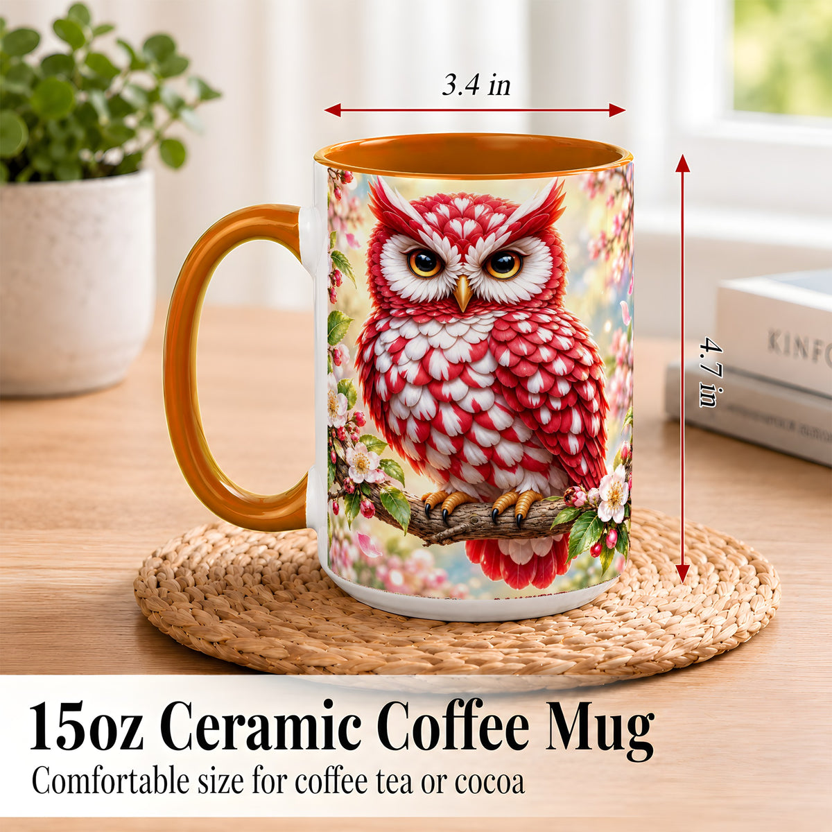 #pl[15oz|Orange] Floral Owl Coffee Mug, Red Blossom Owl Mug, Ceramic Cup