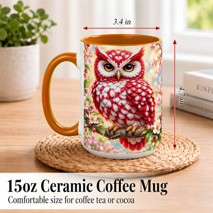 #pl[15oz|Orange] Floral Owl Coffee Mug, Red Blossom Owl Mug, Ceramic Cup