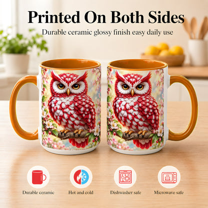 #pl[15oz|Orange] Floral Owl Coffee Mug, Red Blossom Owl Mug, Ceramic Cup