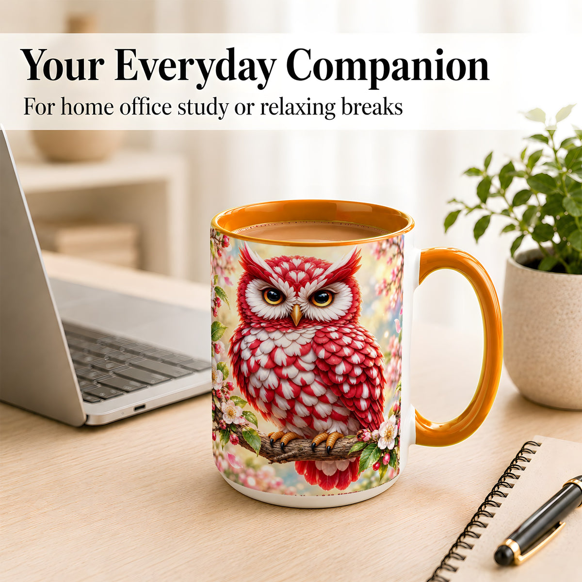#pl[15oz|Orange] Floral Owl Coffee Mug, Red Blossom Owl Mug, Ceramic Cup