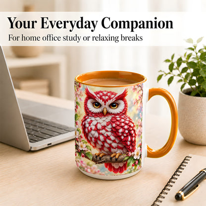 #pl[15oz|Orange] Floral Owl Coffee Mug, Red Blossom Owl Mug, Ceramic Cup