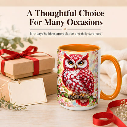 #pl[15oz|Orange] Floral Owl Coffee Mug, Red Blossom Owl Mug, Ceramic Cup