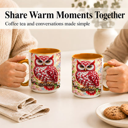 #pl[15oz|Orange] Floral Owl Coffee Mug, Red Blossom Owl Mug, Ceramic Cup