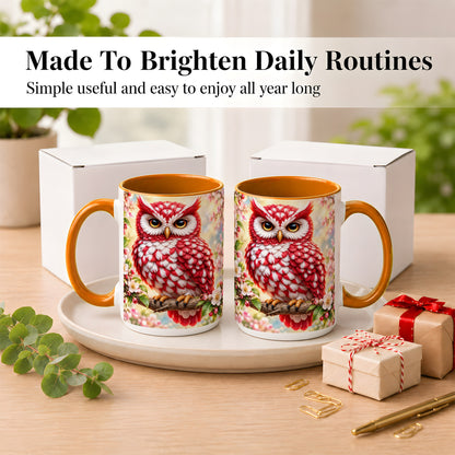 #pl[15oz|Orange] Floral Owl Coffee Mug, Red Blossom Owl Mug, Ceramic Cup