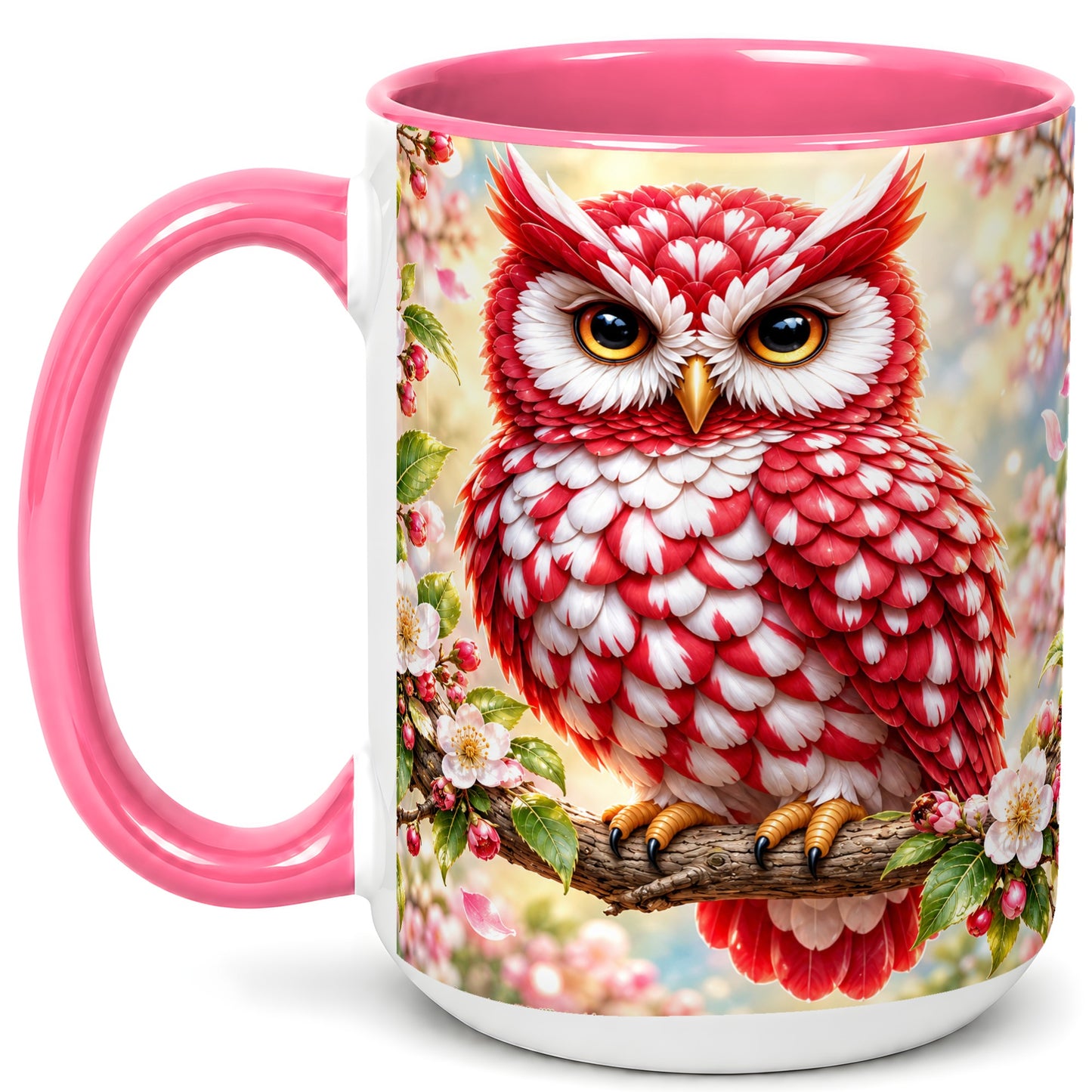#pl[15oz|Pink] Floral Owl Coffee Mug, Red Blossom Owl Mug, Ceramic Cup