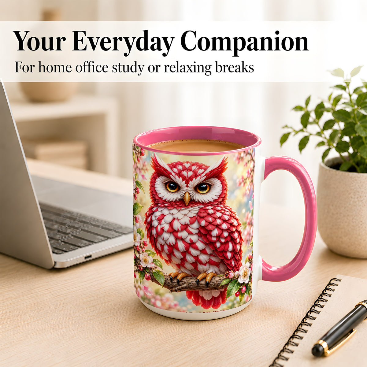#pl[15oz|Pink] Floral Owl Coffee Mug, Red Blossom Owl Mug, Ceramic Cup