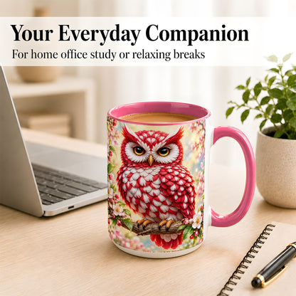 #pl[15oz|Pink] Floral Owl Coffee Mug, Red Blossom Owl Mug, Ceramic Cup