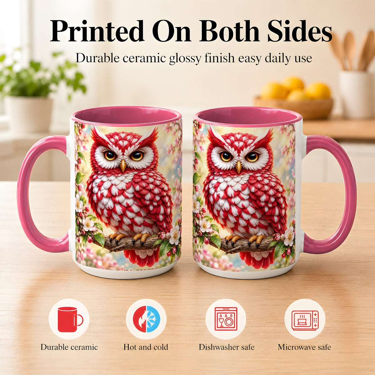 #pl[15oz|Pink] Floral Owl Coffee Mug, Red Blossom Owl Mug, Ceramic Cup