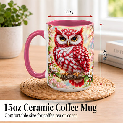 #pl[15oz|Pink] Floral Owl Coffee Mug, Red Blossom Owl Mug, Ceramic Cup