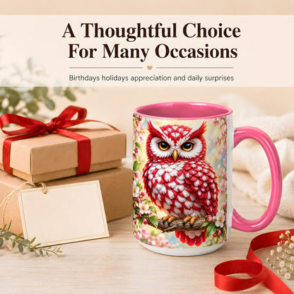 #pl[15oz|Pink] Floral Owl Coffee Mug, Red Blossom Owl Mug, Ceramic Cup
