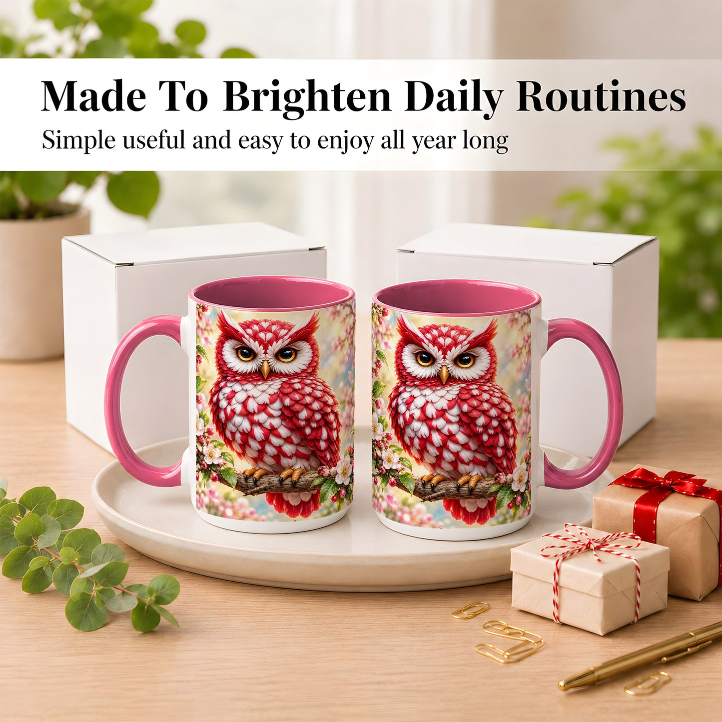 #pl[15oz|Pink] Floral Owl Coffee Mug, Red Blossom Owl Mug, Ceramic Cup