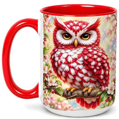 #pl[15oz|Red] Floral Owl Coffee Mug, Red Blossom Owl Mug, Ceramic Cup