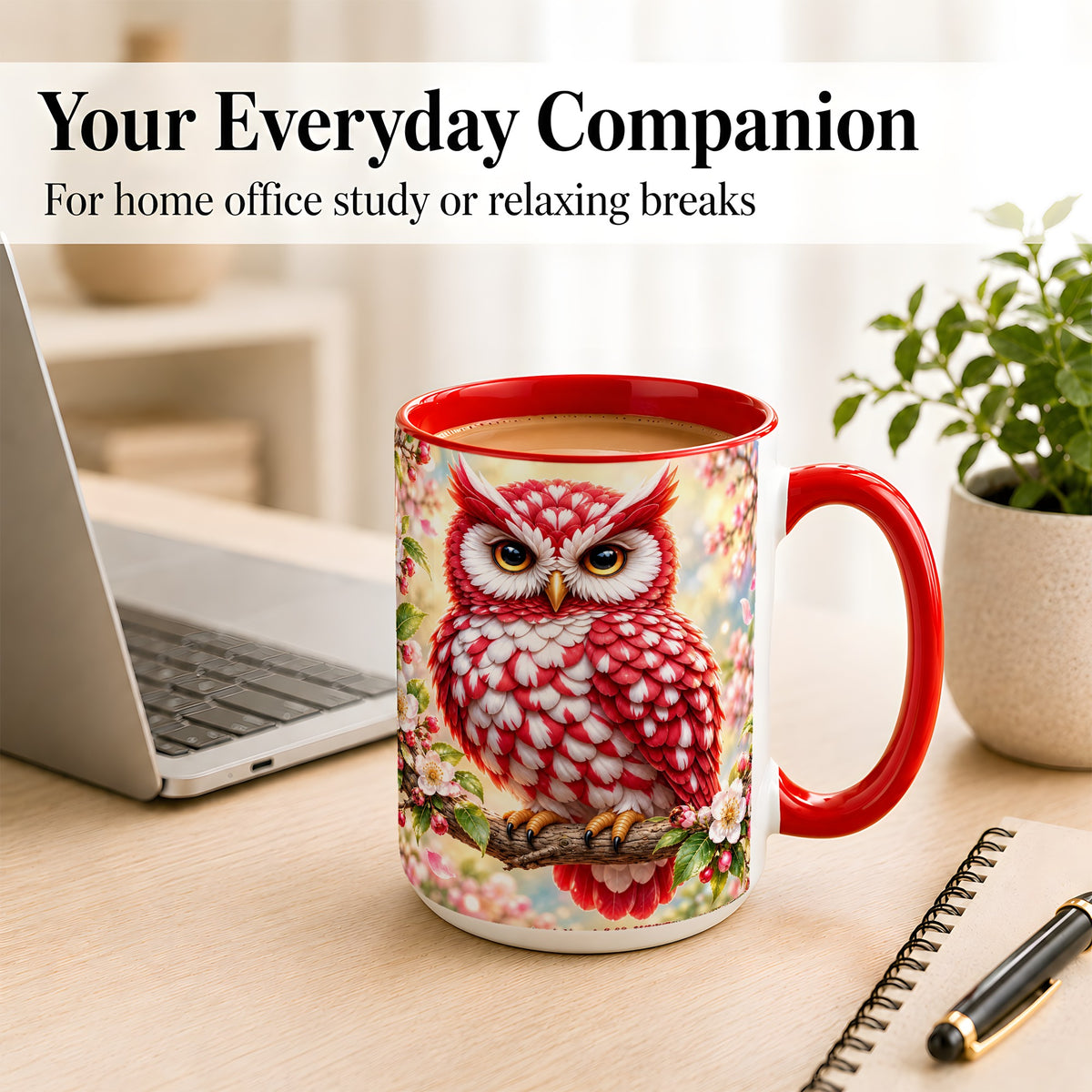 #pl[15oz|Red] Floral Owl Coffee Mug, Red Blossom Owl Mug, Ceramic Cup