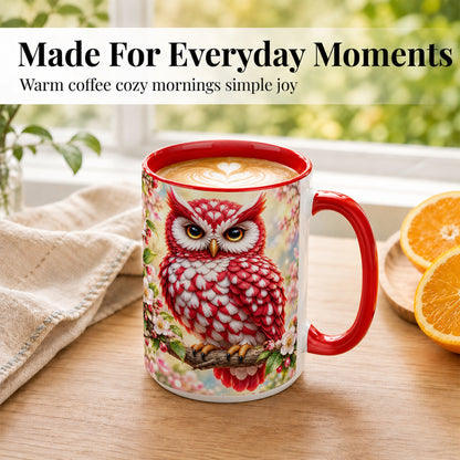 #pl[15oz|Red] Floral Owl Coffee Mug, Red Blossom Owl Mug, Ceramic Cup