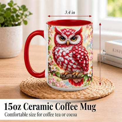 #pl[15oz|Red] Floral Owl Coffee Mug, Red Blossom Owl Mug, Ceramic Cup