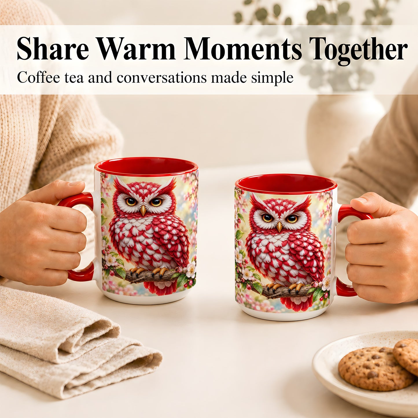 #pl[15oz|Red] Floral Owl Coffee Mug, Red Blossom Owl Mug, Ceramic Cup