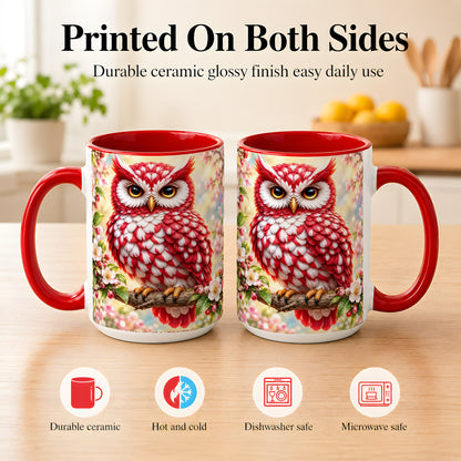 #pl[15oz|Red] Floral Owl Coffee Mug, Red Blossom Owl Mug, Ceramic Cup