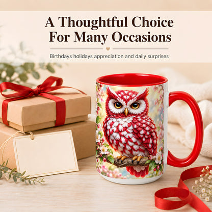 #pl[15oz|Red] Floral Owl Coffee Mug, Red Blossom Owl Mug, Ceramic Cup