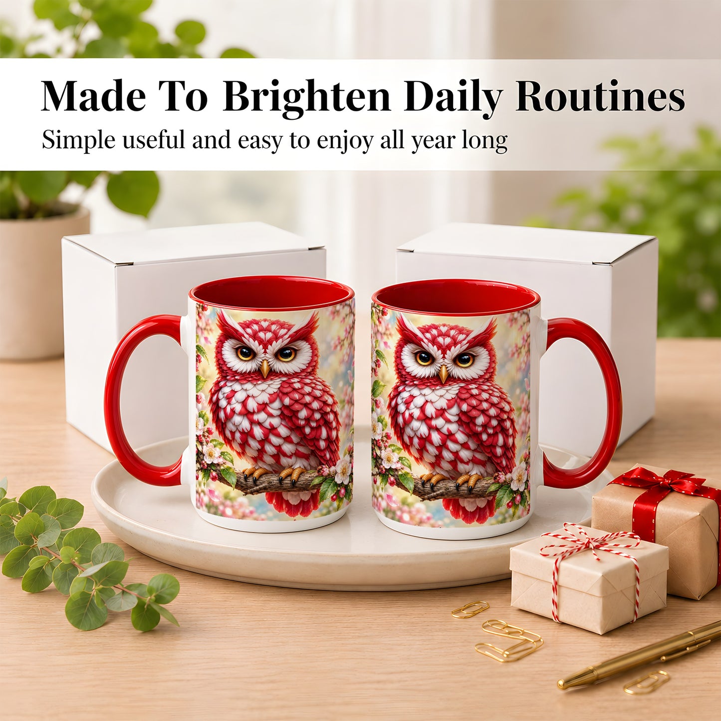 #pl[15oz|Red] Floral Owl Coffee Mug, Red Blossom Owl Mug, Ceramic Cup
