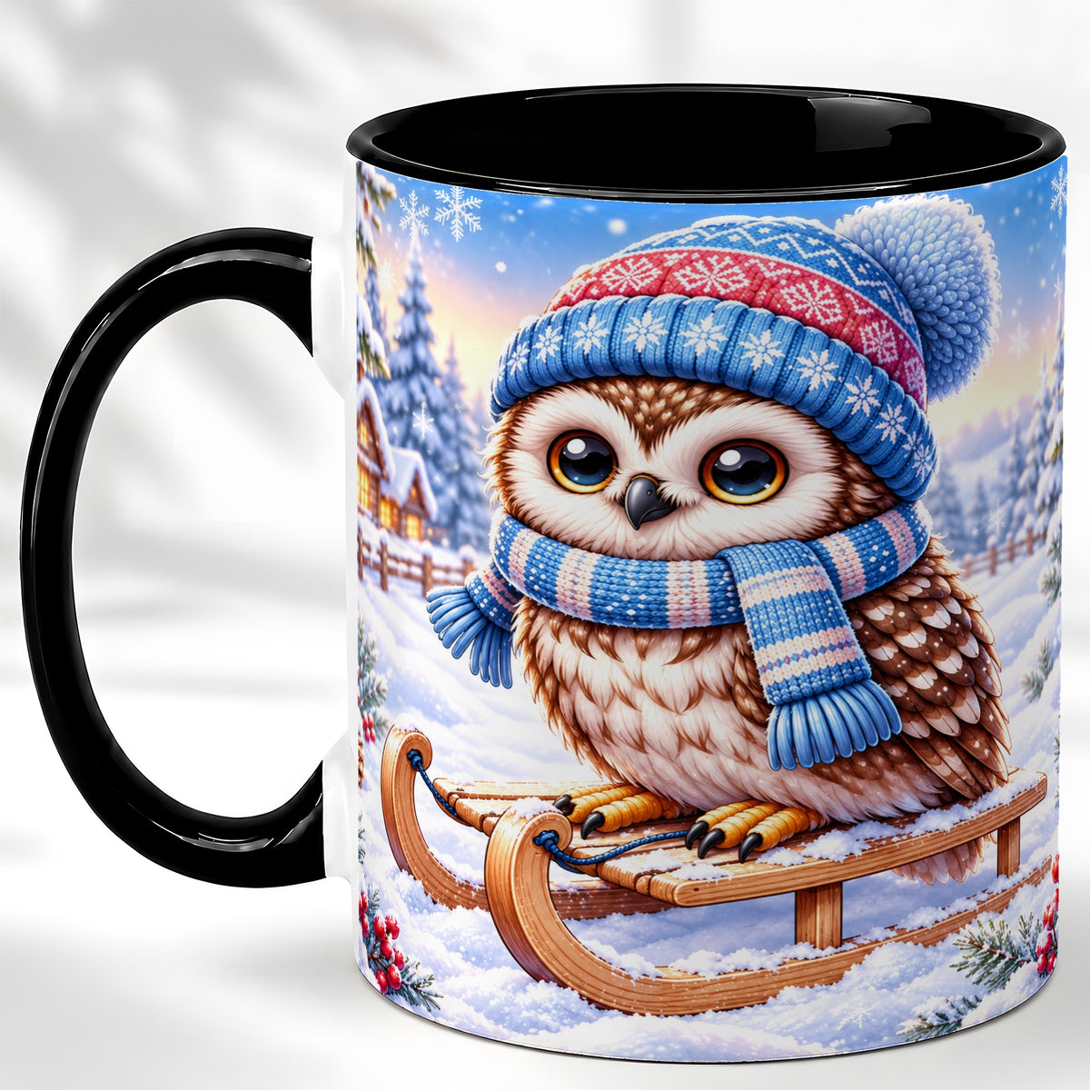#pl[11oz|Black] Winter Owl Coffee Mug, Cozy Sled Owl Mug, Ceramic Cup
