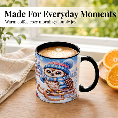 #pl[11oz|Black] Winter Owl Coffee Mug, Cozy Sled Owl Mug, Ceramic Cup