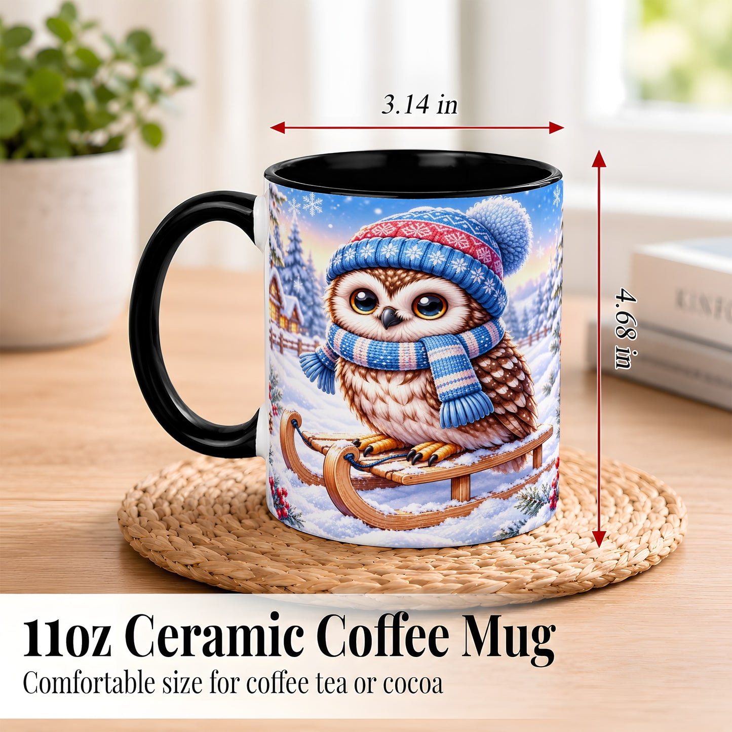 #pl[11oz|Black] Winter Owl Coffee Mug, Cozy Sled Owl Mug, Ceramic Cup