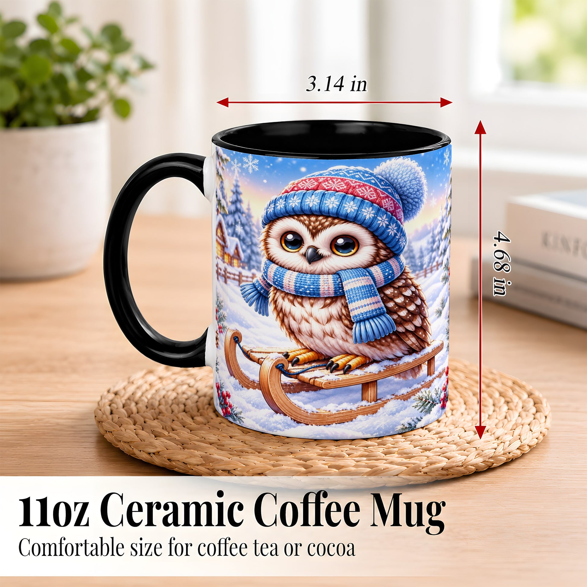 #pl[11oz|Black] Winter Owl Coffee Mug, Cozy Sled Owl Mug, Ceramic Cup