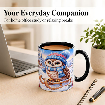 #pl[11oz|Black] Winter Owl Coffee Mug, Cozy Sled Owl Mug, Ceramic Cup