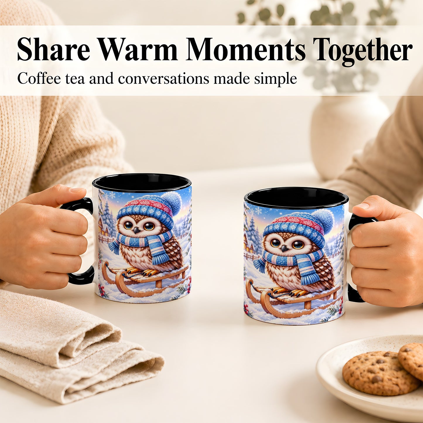 #pl[11oz|Black] Winter Owl Coffee Mug, Cozy Sled Owl Mug, Ceramic Cup