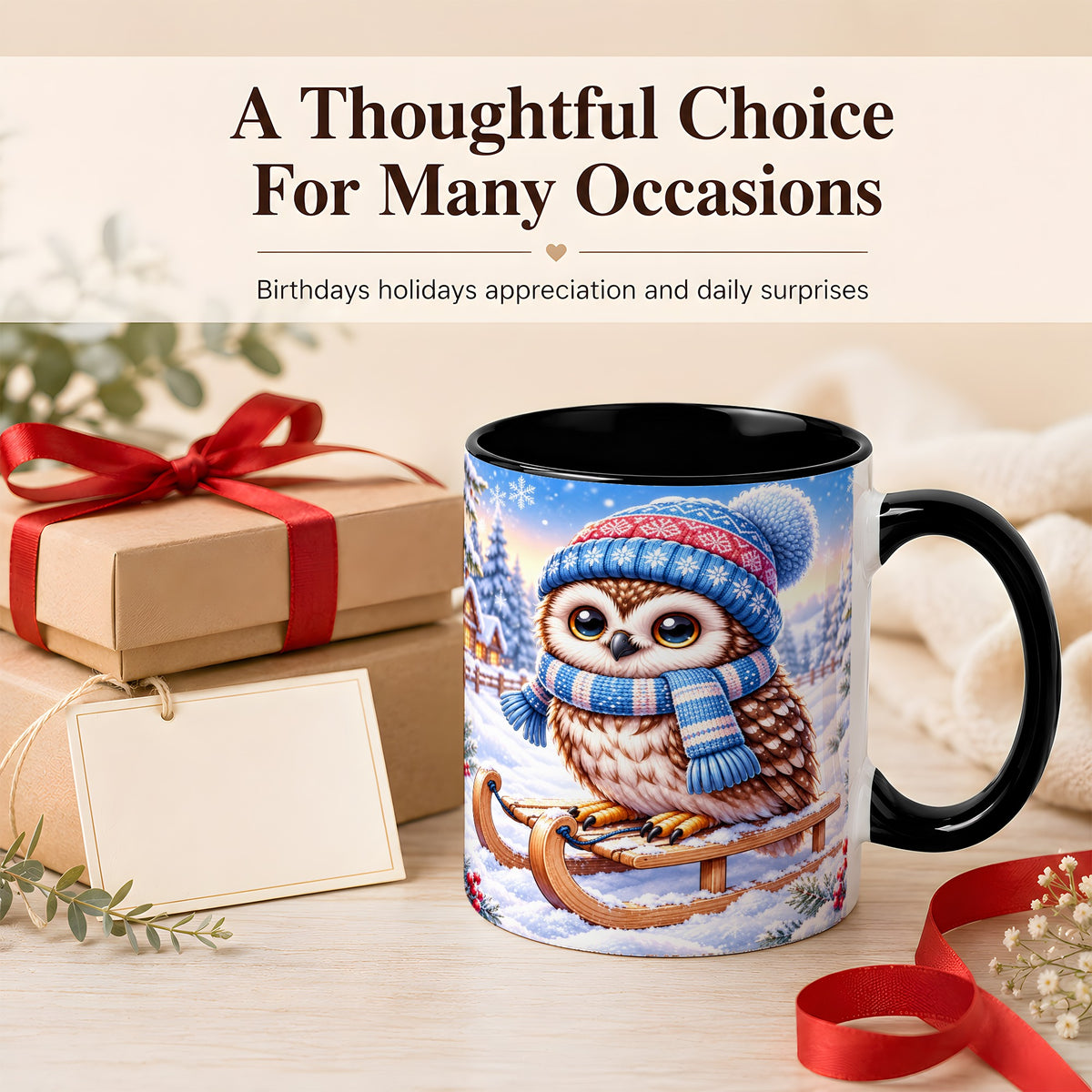 #pl[11oz|Black] Winter Owl Coffee Mug, Cozy Sled Owl Mug, Ceramic Cup