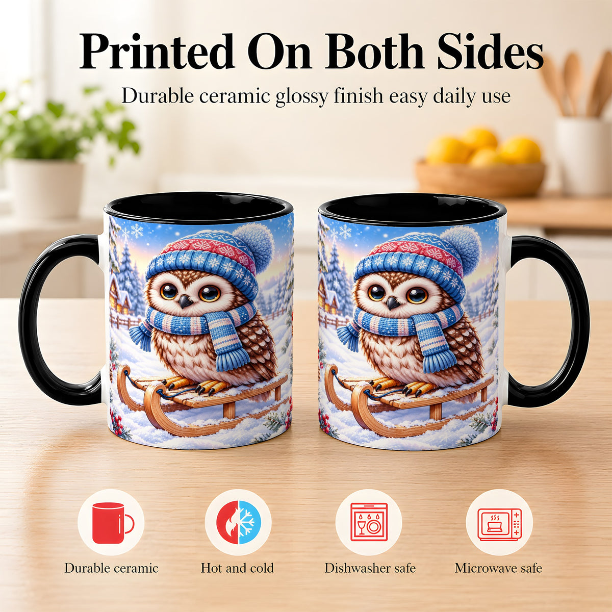 #pl[11oz|Black] Winter Owl Coffee Mug, Cozy Sled Owl Mug, Ceramic Cup