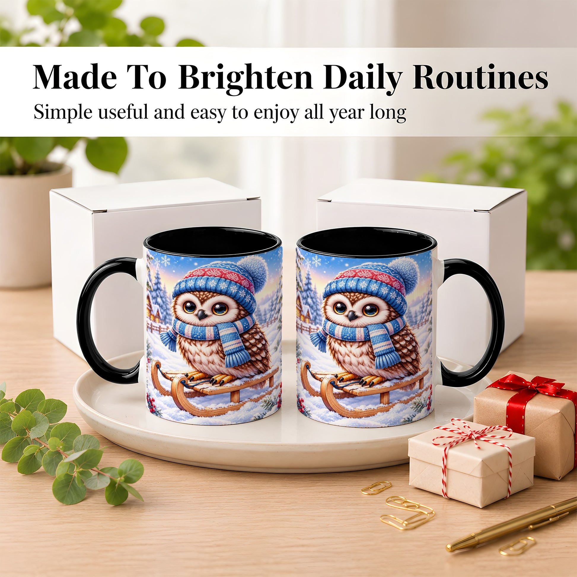 #pl[11oz|Black] Winter Owl Coffee Mug, Cozy Sled Owl Mug, Ceramic Cup