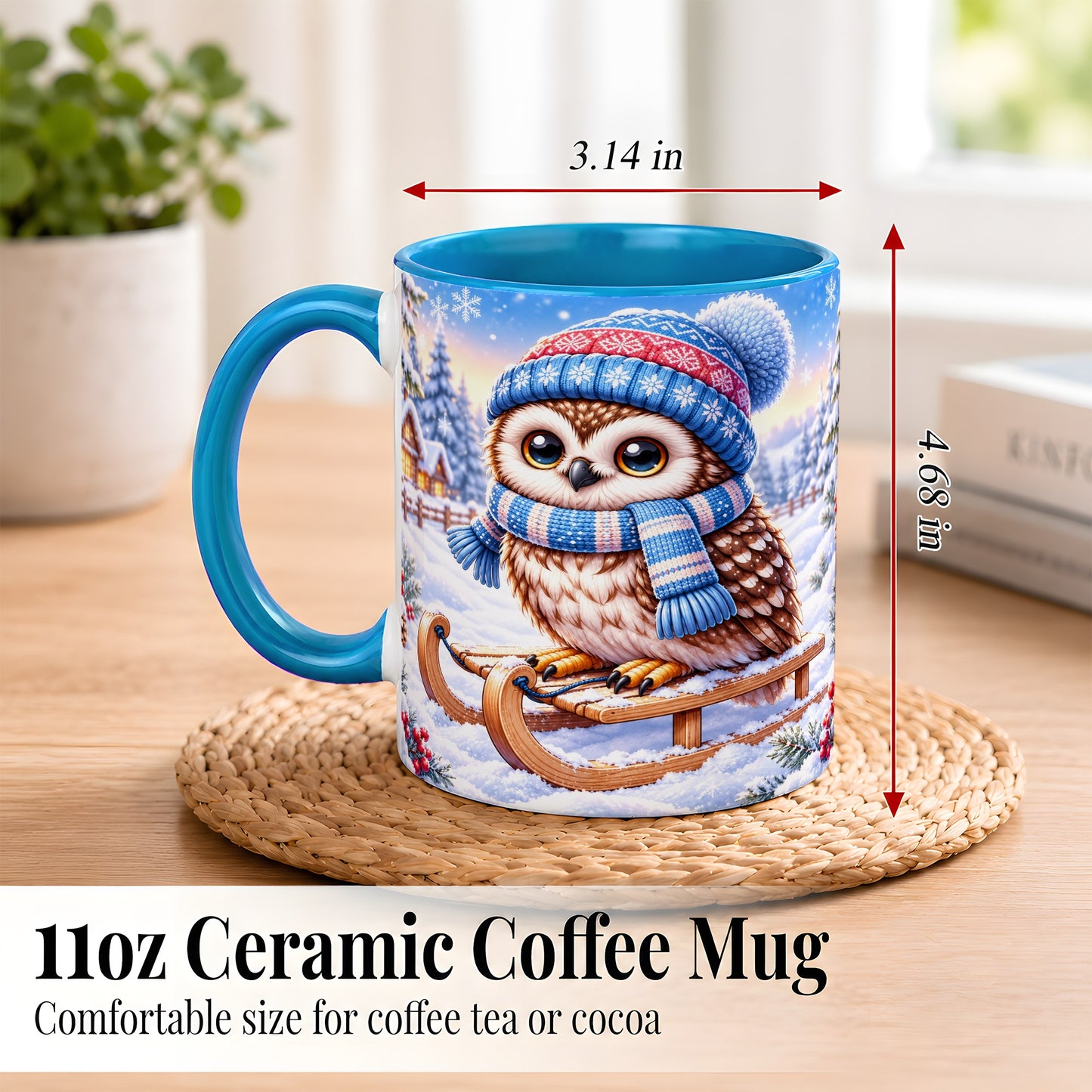 #pl[11oz|Blue] Winter Owl Coffee Mug, Cozy Sled Owl Mug, Ceramic Cup