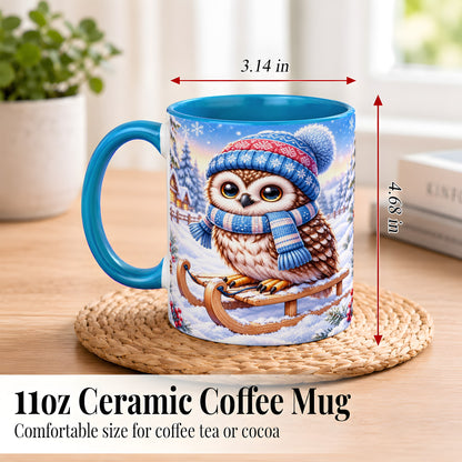 #pl[11oz|Blue] Winter Owl Coffee Mug, Cozy Sled Owl Mug, Ceramic Cup
