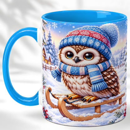 #pl[11oz|Blue] Winter Owl Coffee Mug, Cozy Sled Owl Mug, Ceramic Cup