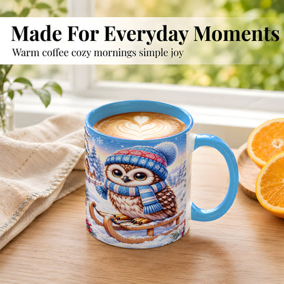 #pl[11oz|Blue] Winter Owl Coffee Mug, Cozy Sled Owl Mug, Ceramic Cup