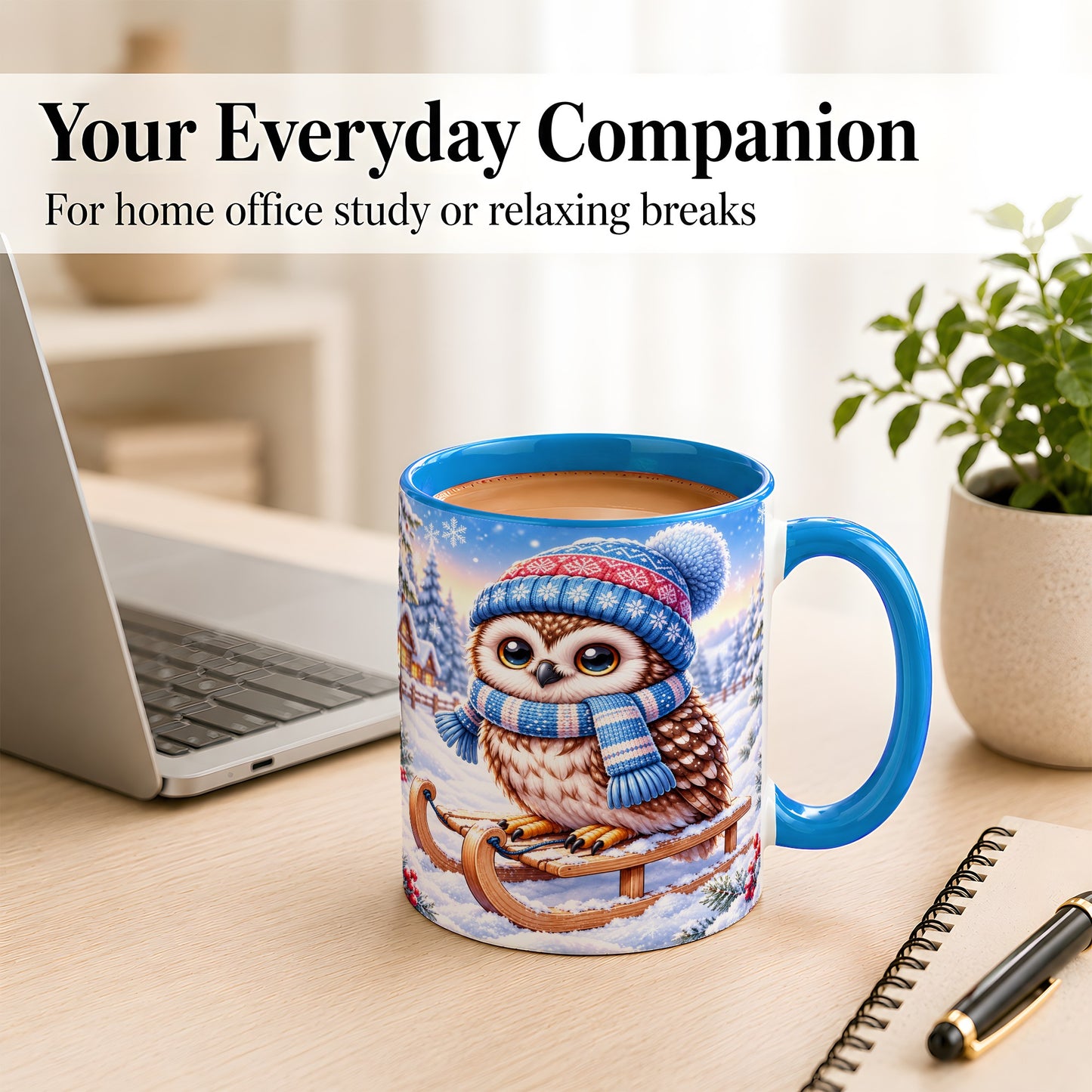 #pl[11oz|Blue] Winter Owl Coffee Mug, Cozy Sled Owl Mug, Ceramic Cup