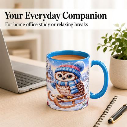#pl[11oz|Blue] Winter Owl Coffee Mug, Cozy Sled Owl Mug, Ceramic Cup