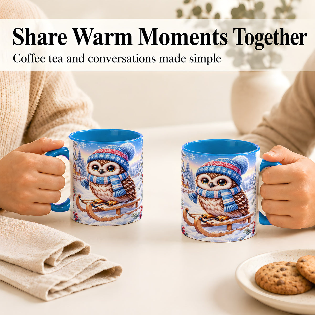 #pl[11oz|Blue] Winter Owl Coffee Mug, Cozy Sled Owl Mug, Ceramic Cup