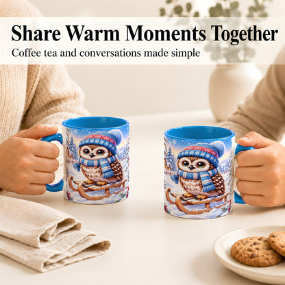 #pl[11oz|Blue] Winter Owl Coffee Mug, Cozy Sled Owl Mug, Ceramic Cup