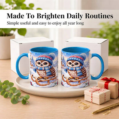 #pl[11oz|Blue] Winter Owl Coffee Mug, Cozy Sled Owl Mug, Ceramic Cup
